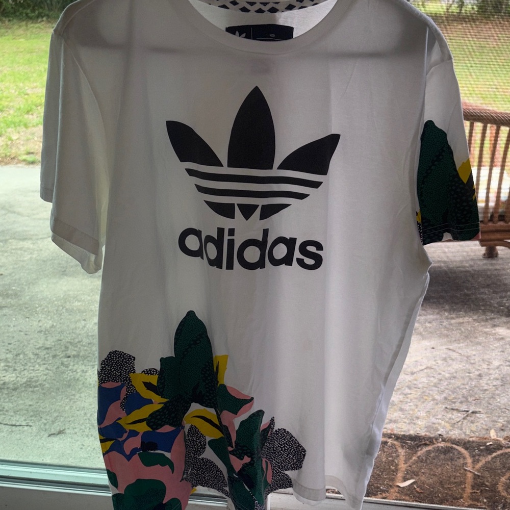 adidas White Tee with Black Trefoil and Multicolor Floral Graphic